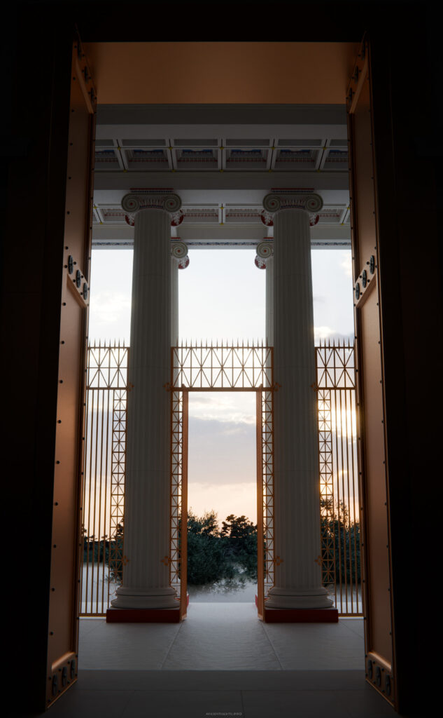 View from the interior of the reconstruction looking outside.