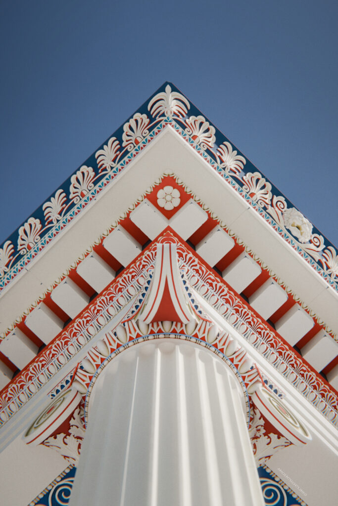 Diagonal worm's-eye view of the corner of the reconstruction.