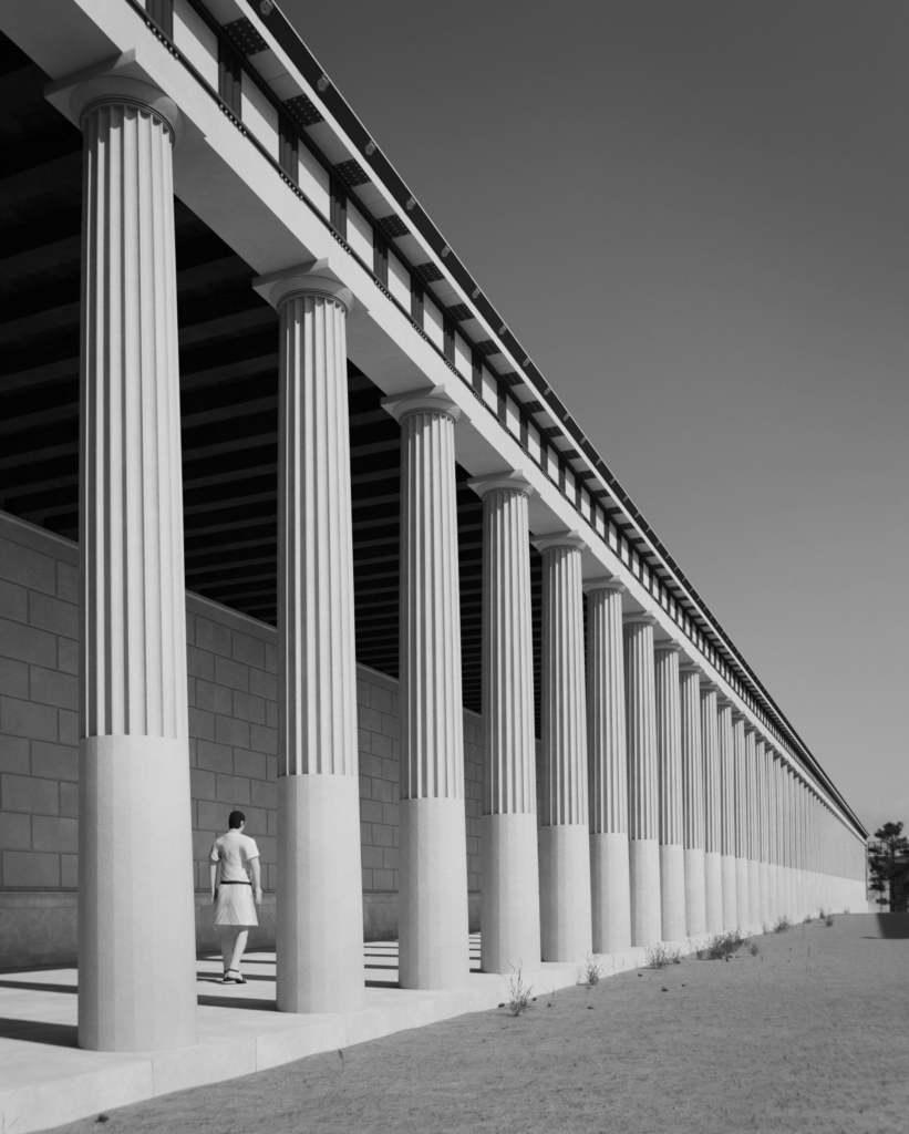 Black-and-white shot of the North stoa, facing east.