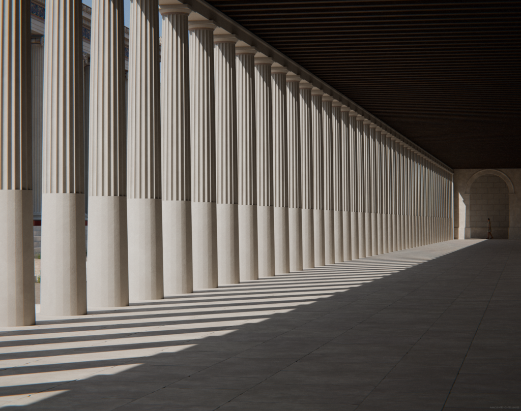 View inside the North stoa, facing west.