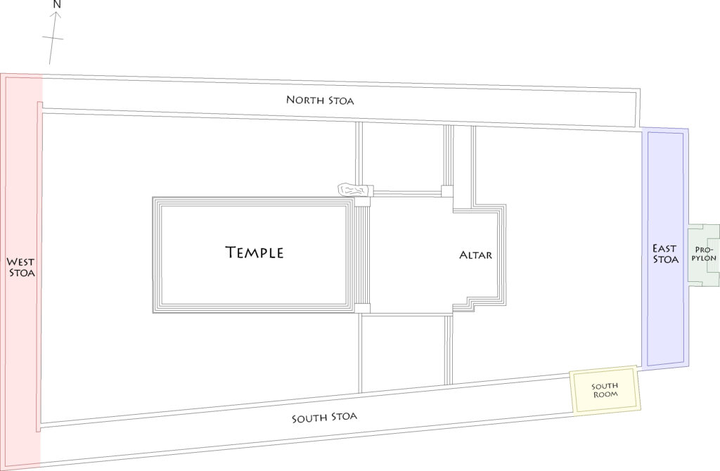 Plan of the sanctuary of Dionysus at Teos, showing the location of the West Stoa (red) and East Stoa (blue), Propylon (Green), and "South Room" (yellow).