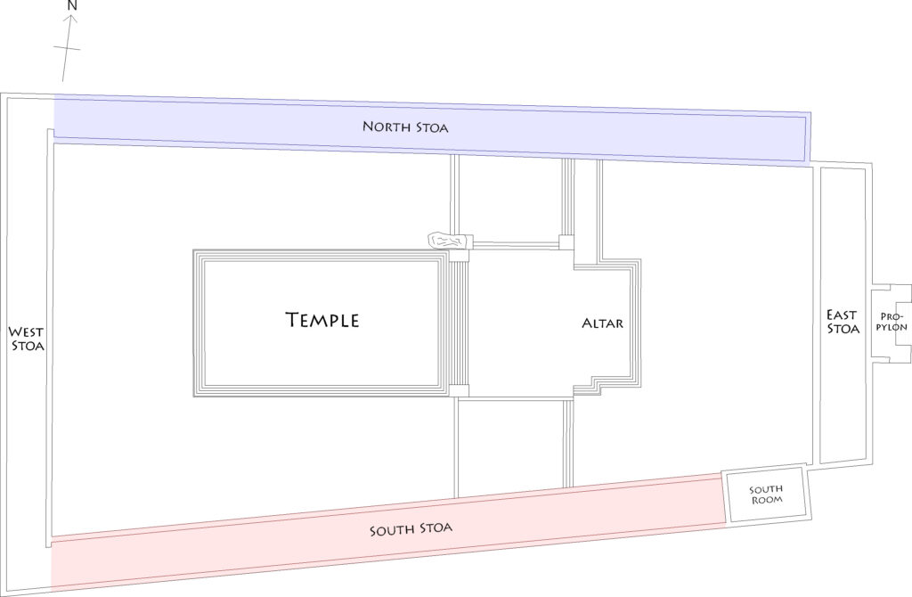 Plan of the sanctuary of Dionysus at Teos, showing the location of the North Stoa (blue) and South Stoa (red).